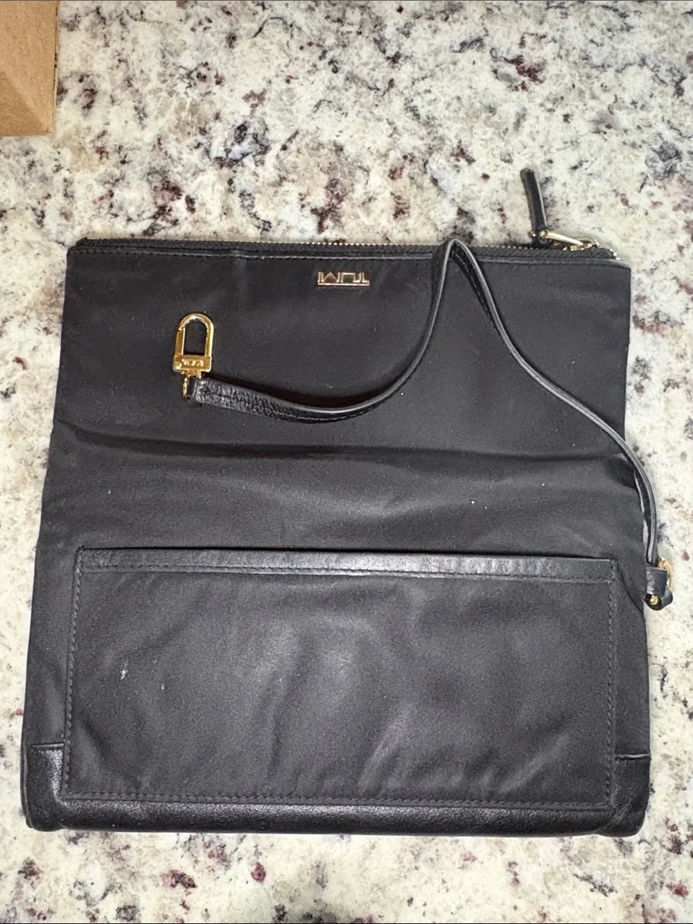 Tumi Black Leather Wristlet Clutch with Gold Hardware